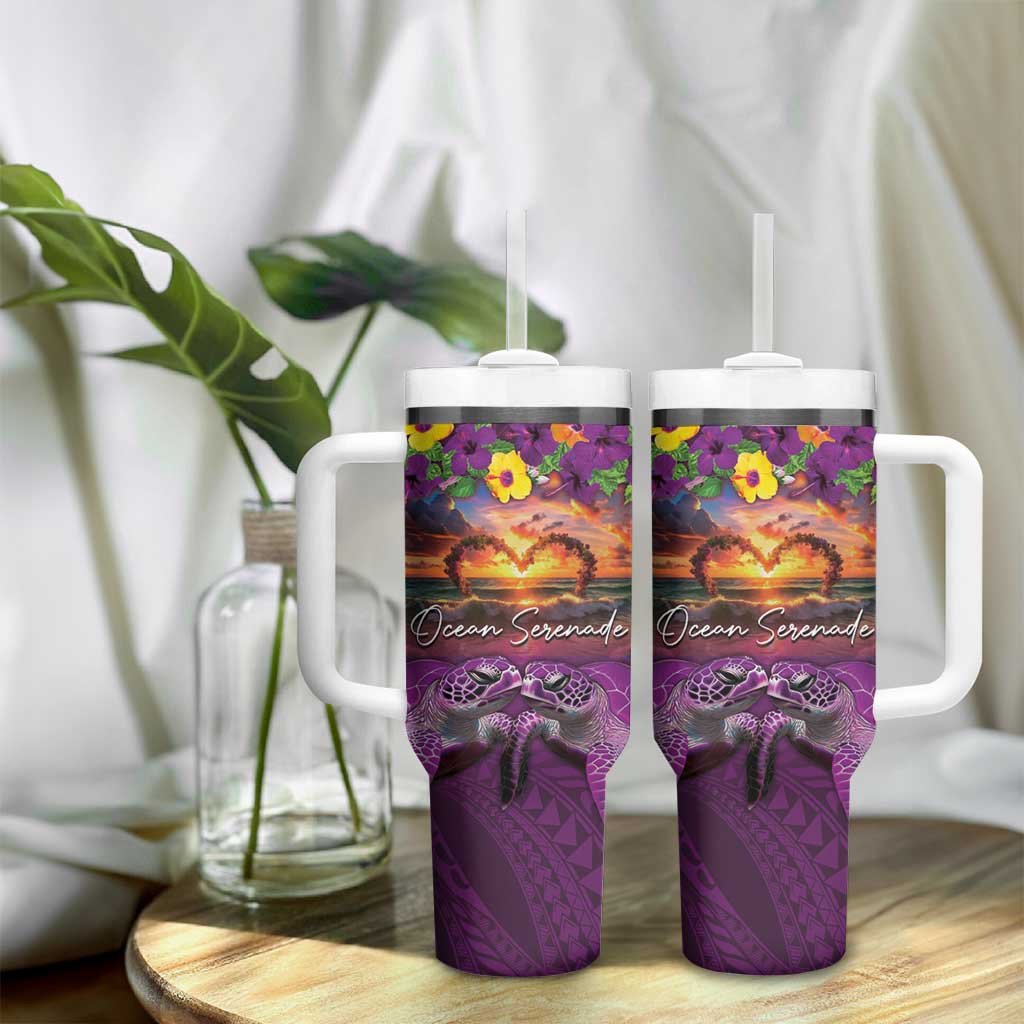 Hawaiian Turtle Love Couple Tumbler With Handle Ocean Serenade - Honu Honi Ihu with Hibiscus and Romantic Sunset Purple Color