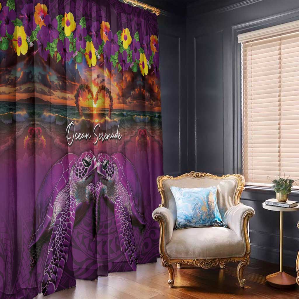 Hawaiian Turtle Love Couple Window Curtain Ocean Serenade - Honu Honi Ihu with Hibiscus and Romantic Sunset Purple Color