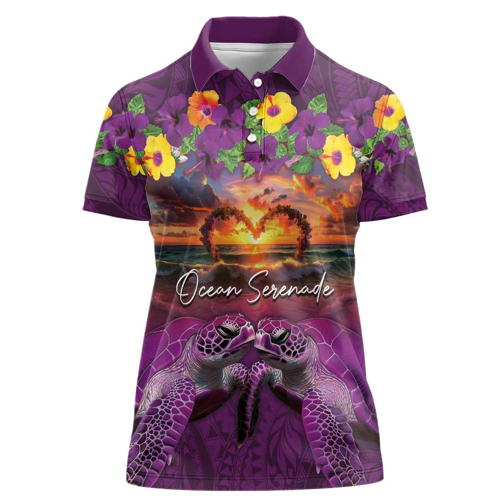 Hawaiian Turtle Love Couple Women Polo Shirt Ocean Serenade - Honu Honi Ihu with Hibiscus and Romantic Sunset Purple Color