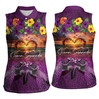 Hawaiian Turtle Love Couple Women Sleeveless Polo Shirt Ocean Serenade - Honu Honi Ihu with Hibiscus and Romantic Sunset Purple Color LT03 - Polynesian Pride