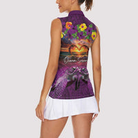 Hawaiian Turtle Love Couple Women Sleeveless Polo Shirt Ocean Serenade - Honu Honi Ihu with Hibiscus and Romantic Sunset Purple Color LT03 - Polynesian Pride