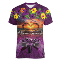 Hawaiian Turtle Love Couple Women V-Neck T-Shirt Ocean Serenade - Honu Honi Ihu with Hibiscus and Romantic Sunset Purple Color LT03 Female Purple - Polynesian Pride