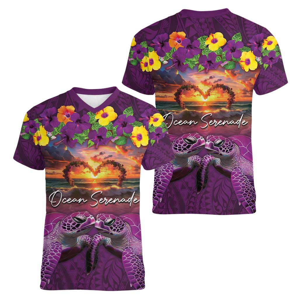 Hawaiian Turtle Love Couple Women V-Neck T-Shirt Ocean Serenade - Honu Honi Ihu with Hibiscus and Romantic Sunset Purple Color LT03 - Polynesian Pride