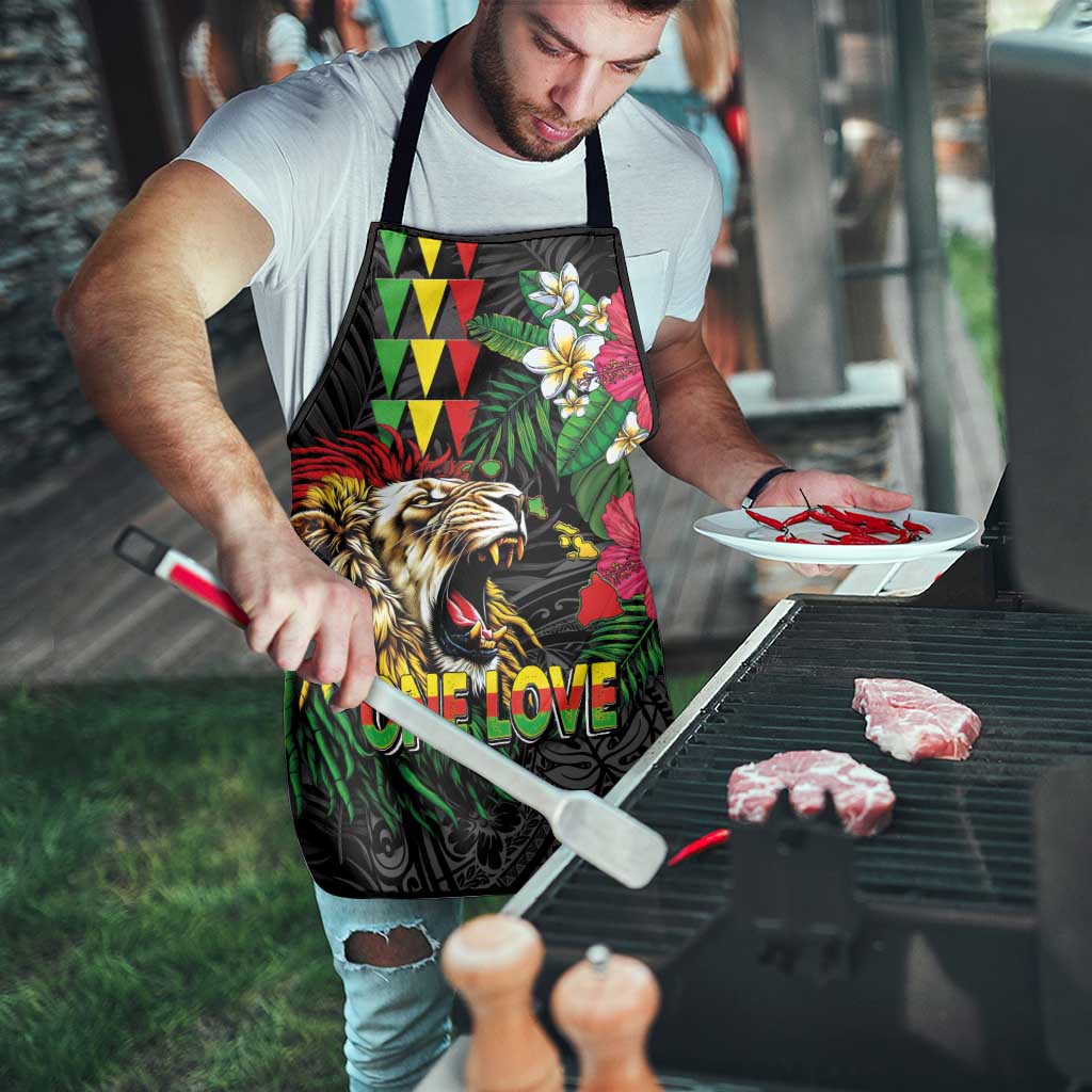 Hawaiian One Love Apron Reggae Lion Tropical Plants and Kakau with Tribal Pattern
