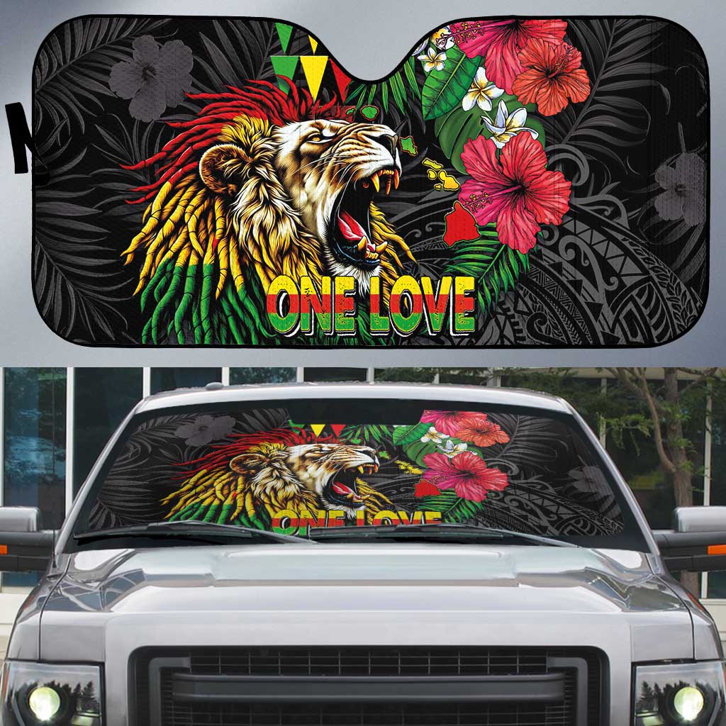 Hawaiian One Love Auto Sun Shade Reggae Lion Tropical Plants and Kakau with Tribal Pattern LT03 Black - Polynesian Pride