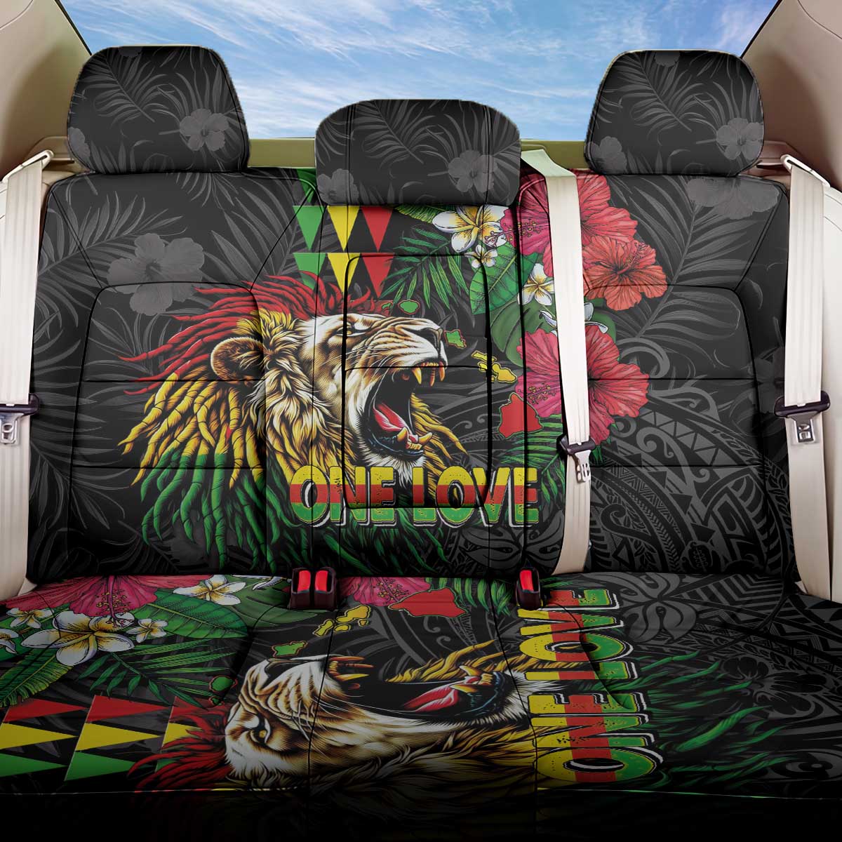 Hawaiian One Love Back Car Seat Cover Reggae Lion Tropical Plants and Kakau with Tribal Pattern LT03 One Size Black - Polynesian Pride