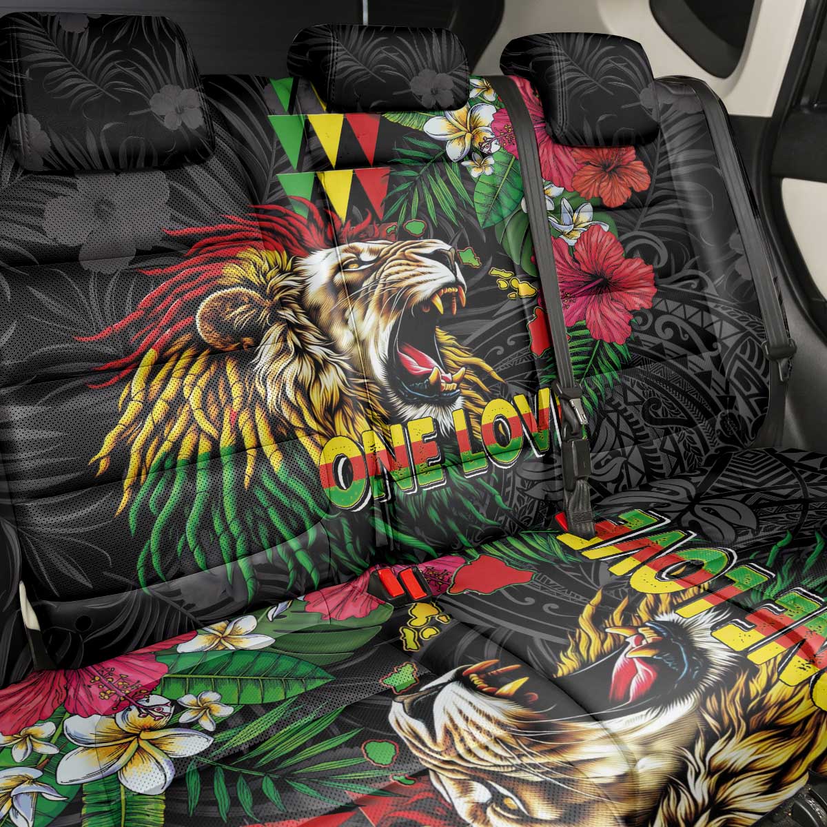 Hawaiian One Love Back Car Seat Cover Reggae Lion Tropical Plants and Kakau with Tribal Pattern