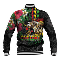 Hawaiian One Love Baseball Jacket Reggae Lion Tropical Plants and Kakau with Tribal Pattern