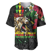 Hawaiian One Love Baseball Jersey Reggae Lion Tropical Plants and Kakau with Tribal Pattern LT03 Black - Polynesian Pride
