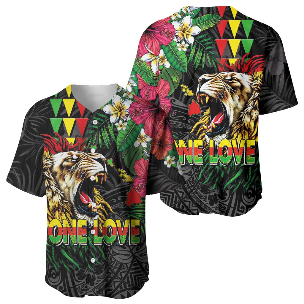 Hawaiian One Love Baseball Jersey Reggae Lion Tropical Plants and Kakau with Tribal Pattern LT03 - Polynesian Pride