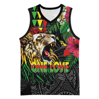 Hawaiian One Love Basketball Jersey Reggae Lion Tropical Plants and Kakau with Tribal Pattern