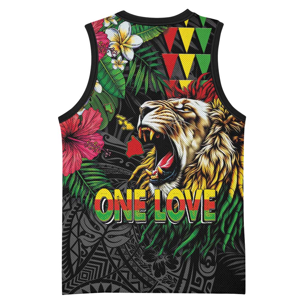 Hawaiian One Love Basketball Jersey Reggae Lion Tropical Plants and Kakau with Tribal Pattern