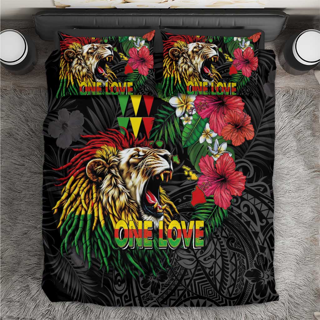 Hawaiian One Love Bedding Set Reggae Lion Tropical Plants and Kakau with Tribal Pattern