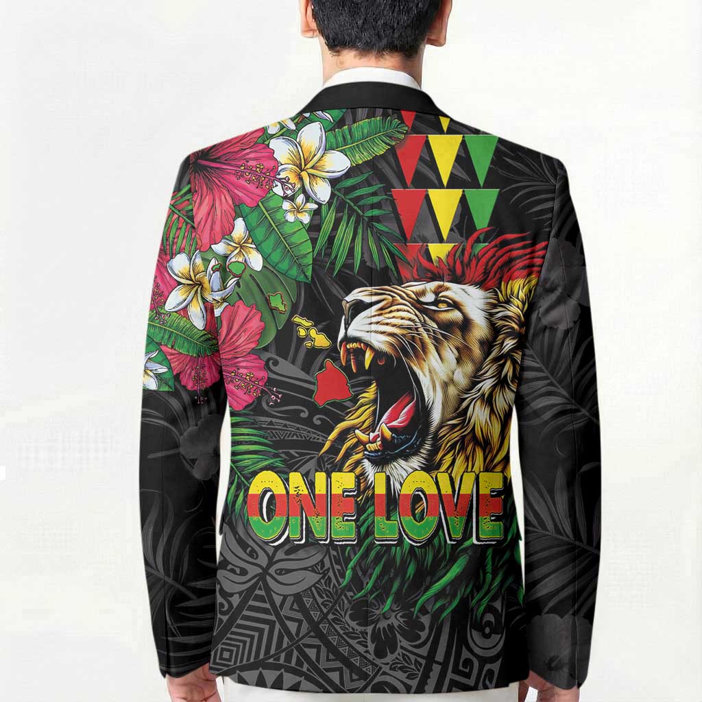 Hawaiian One Love Blazer Reggae Lion Tropical Plants and Kakau with Tribal Pattern