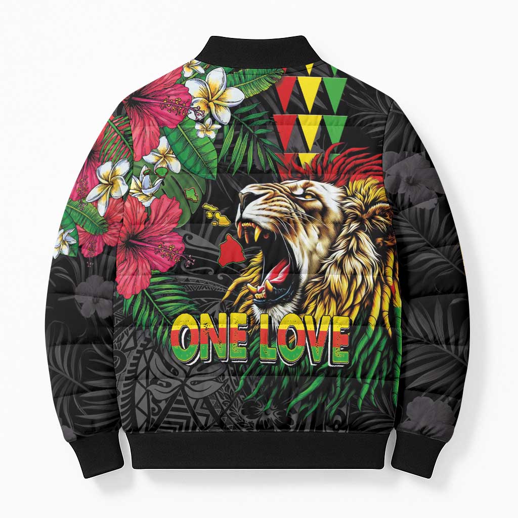 Hawaiian One Love Bomber Puffer Jacket Reggae Lion Tropical Plants and Kakau with Tribal Pattern