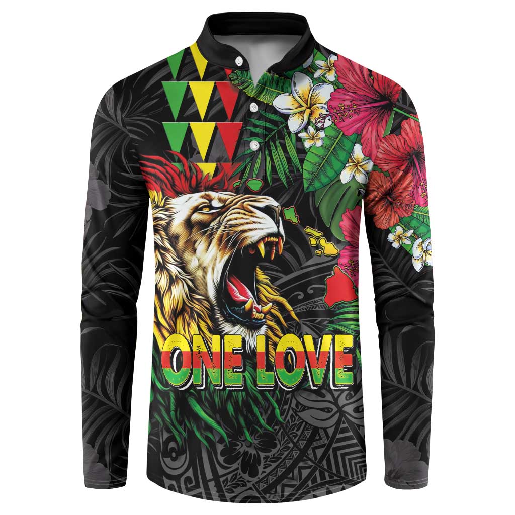 Hawaiian One Love Button Sweatshirt Reggae Lion Tropical Plants and Kakau with Tribal Pattern LT03 Black - Polynesian Pride