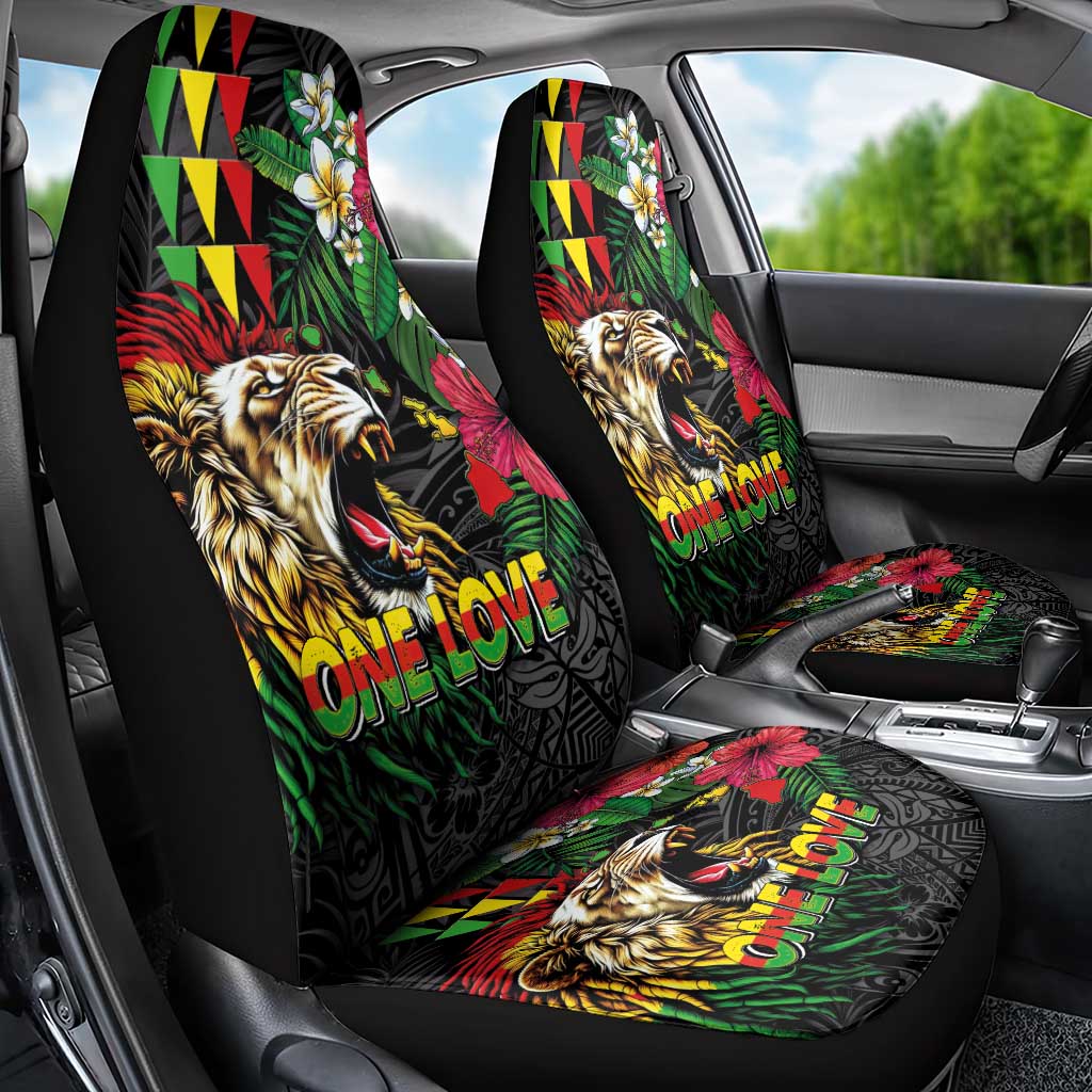 Hawaiian One Love Car Seat Cover Reggae Lion Tropical Plants and Kakau with Tribal Pattern LT03 - Polynesian Pride
