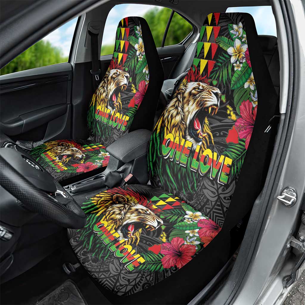 Hawaiian One Love Car Seat Cover Reggae Lion Tropical Plants and Kakau with Tribal Pattern LT03 - Polynesian Pride