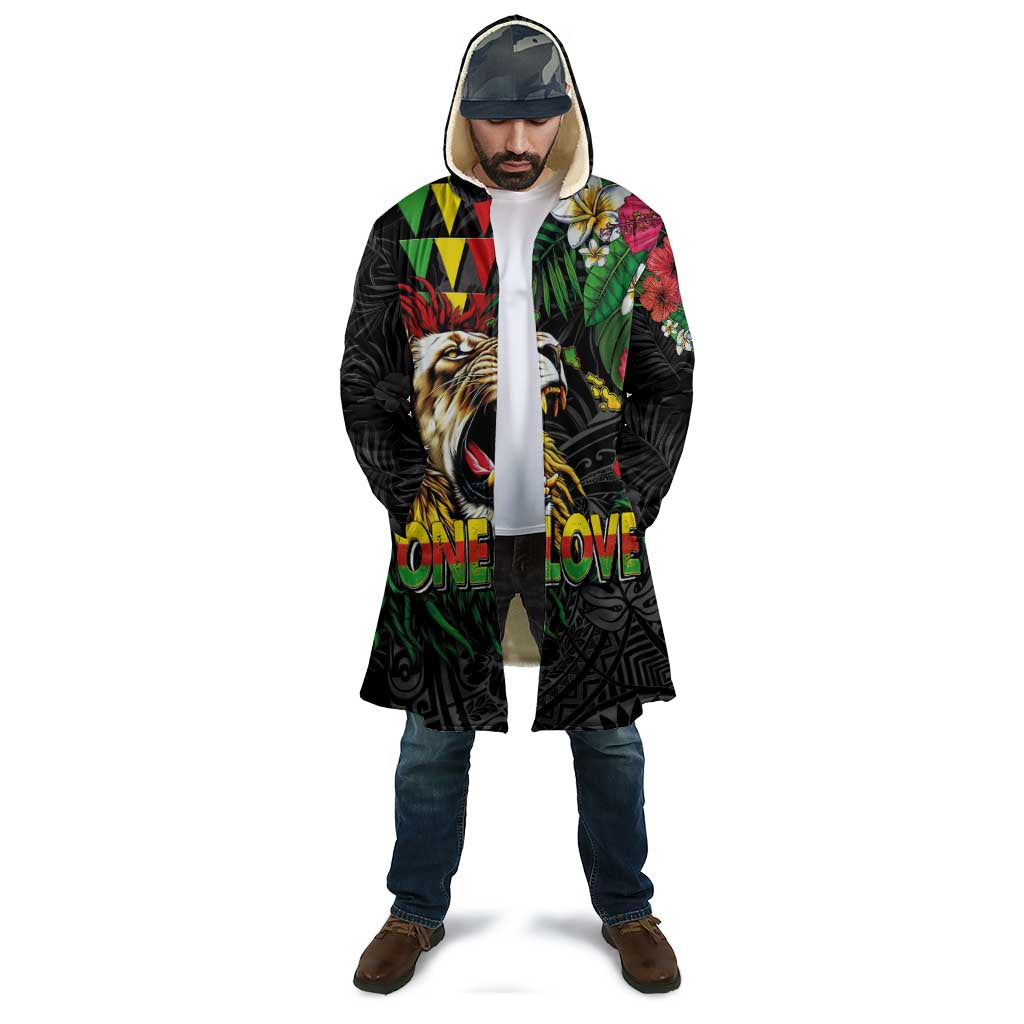Hawaiian One Love Cloak Reggae Lion Tropical Plants and Kakau with Tribal Pattern