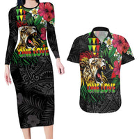 Hawaiian One Love Couples Matching Long Sleeve Bodycon Dress and Hawaiian Shirt Reggae Lion Tropical Plants and Kakau with Tribal Pattern
