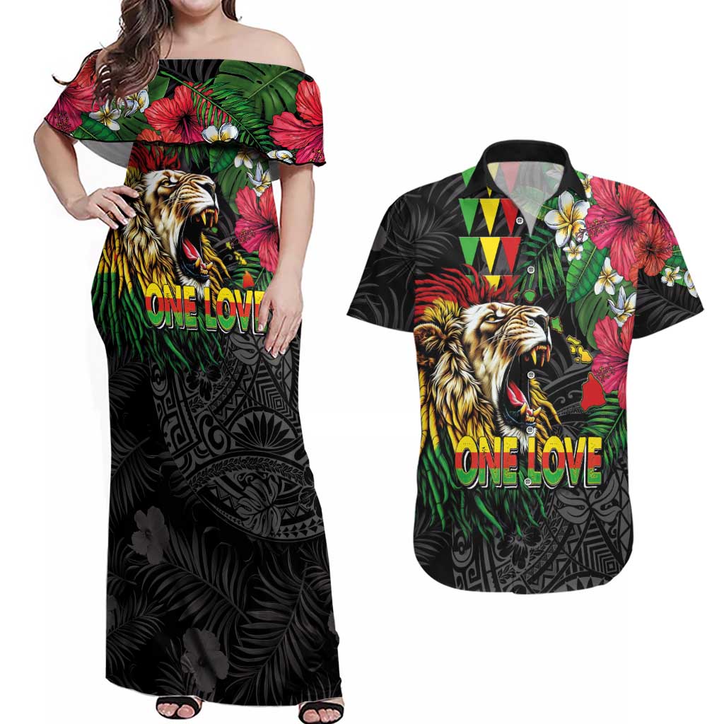Hawaiian One Love Couples Matching Off Shoulder Maxi Dress and Hawaiian Shirt Reggae Lion Tropical Plants and Kakau with Tribal Pattern