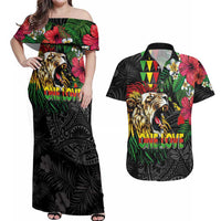Hawaiian One Love Couples Matching Off Shoulder Maxi Dress and Hawaiian Shirt Reggae Lion Tropical Plants and Kakau with Tribal Pattern LT03 Black - Polynesian Pride