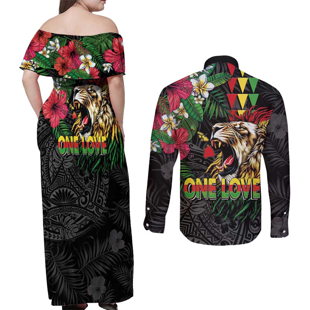 Hawaiian One Love Couples Matching Off Shoulder Maxi Dress and Long Sleeve Button Shirt Reggae Lion Tropical Plants and Kakau with Tribal Pattern LT03 - Polynesian Pride