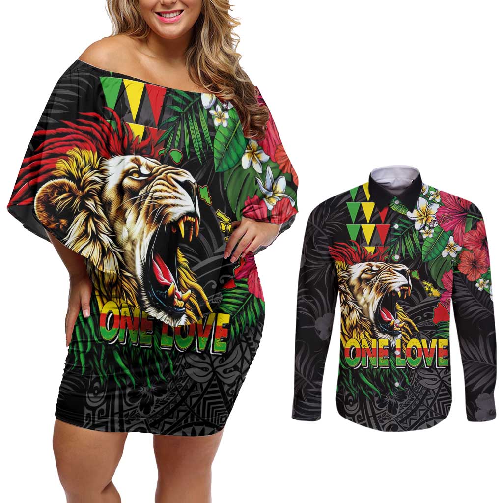 Hawaiian One Love Couples Matching Off Shoulder Short Dress and Long Sleeve Button Shirt Reggae Lion Tropical Plants and Kakau with Tribal Pattern