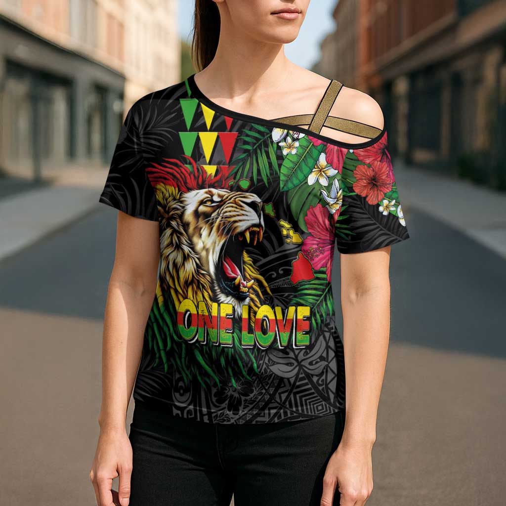 Hawaiian One Love Cross Shoulder Shirt Reggae Lion Tropical Plants and Kakau with Tribal Pattern