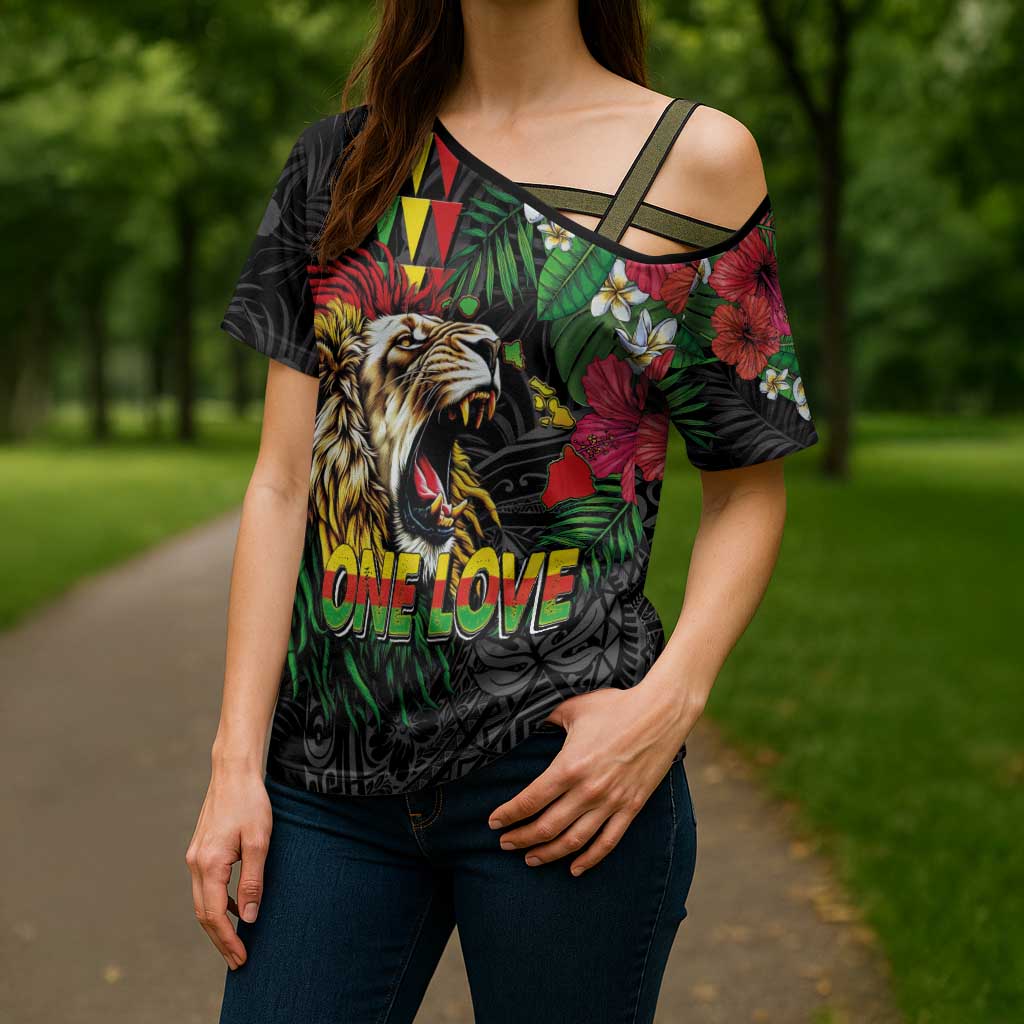 Hawaiian One Love Cross Shoulder Shirt Reggae Lion Tropical Plants and Kakau with Tribal Pattern