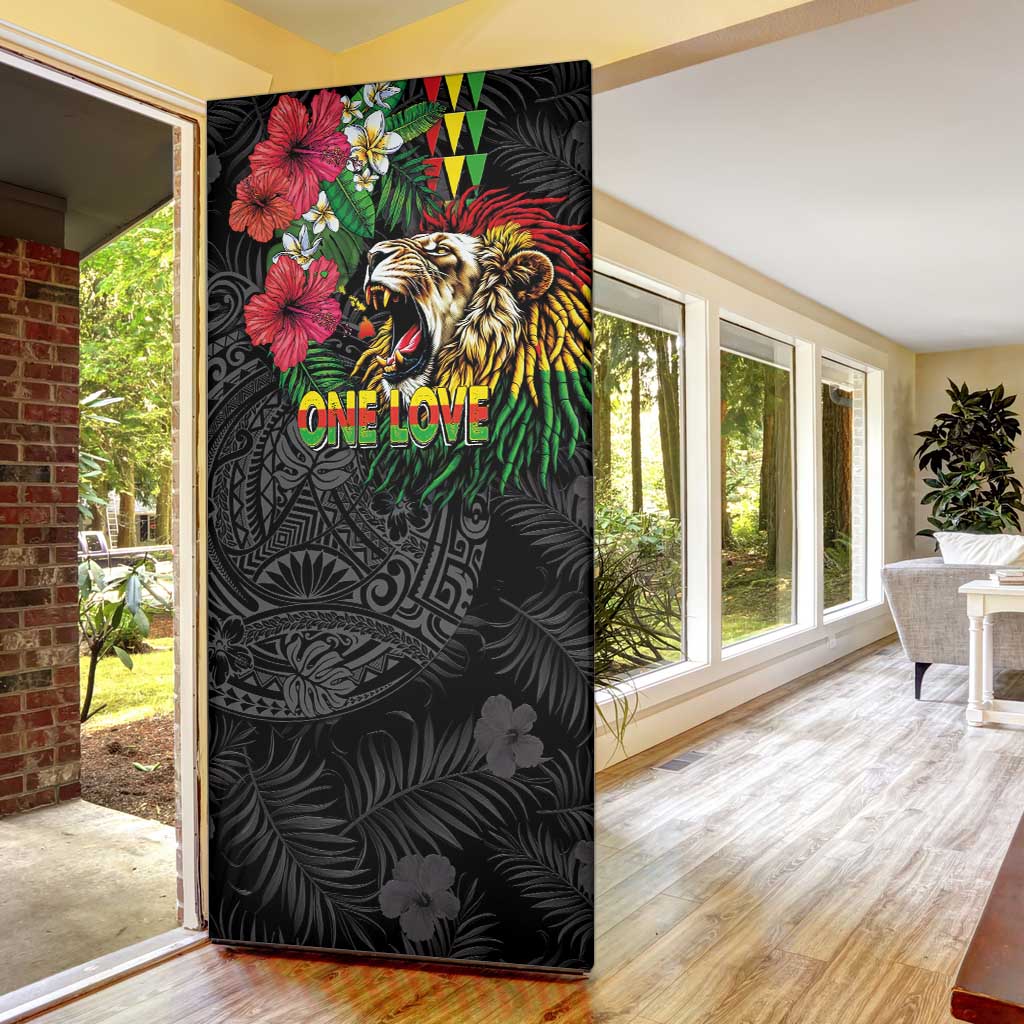 Hawaiian One Love Door Cover Reggae Lion Tropical Plants and Kakau with Tribal Pattern