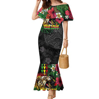 Hawaiian One Love Family Matching Mermaid Dress and Hawaiian Shirt Reggae Lion Tropical Plants and Kakau with Tribal Pattern LT03 Mom's Dress Black - Polynesian Pride