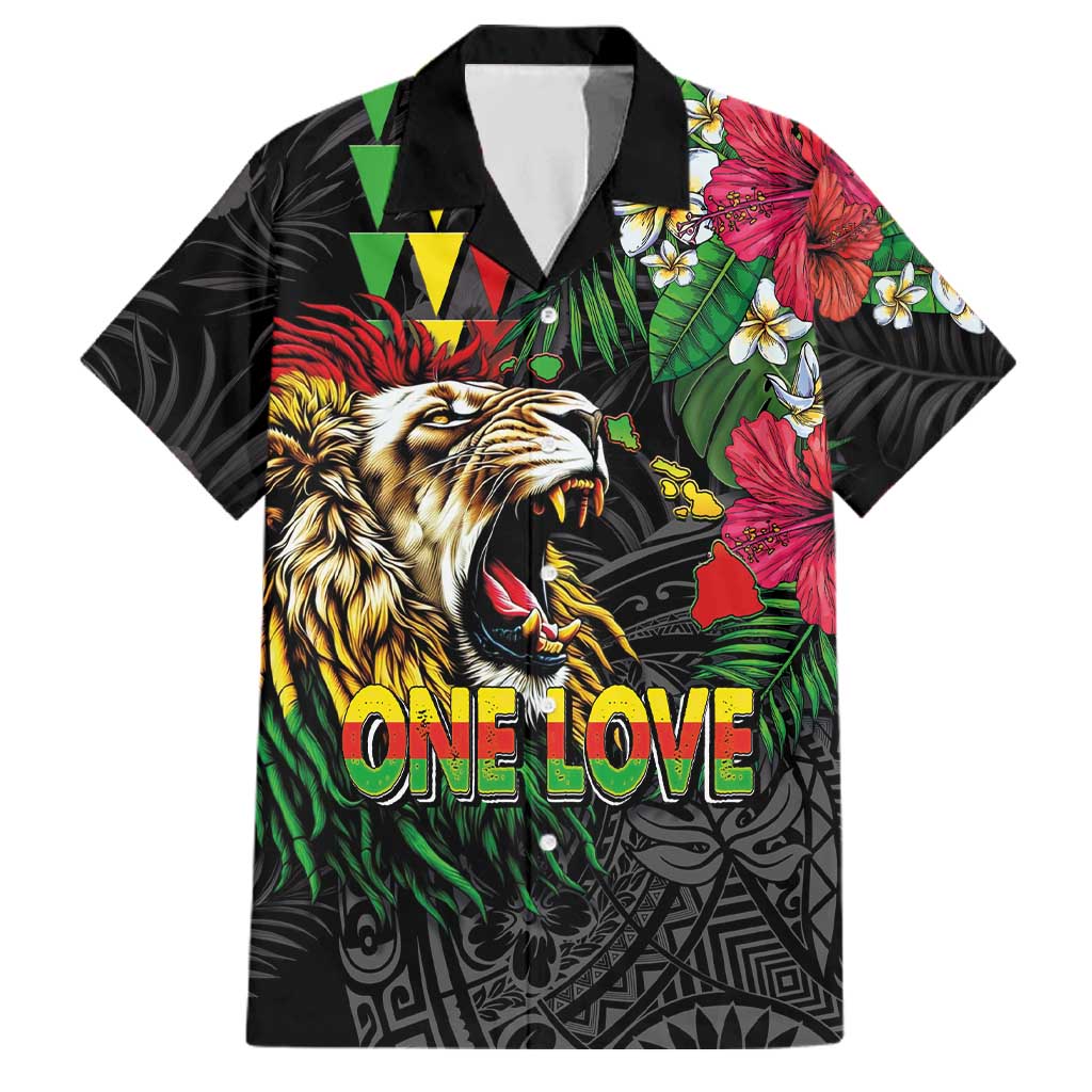 Hawaiian One Love Family Matching Off Shoulder Maxi Dress and Hawaiian Shirt Reggae Lion Tropical Plants and Kakau with Tribal Pattern