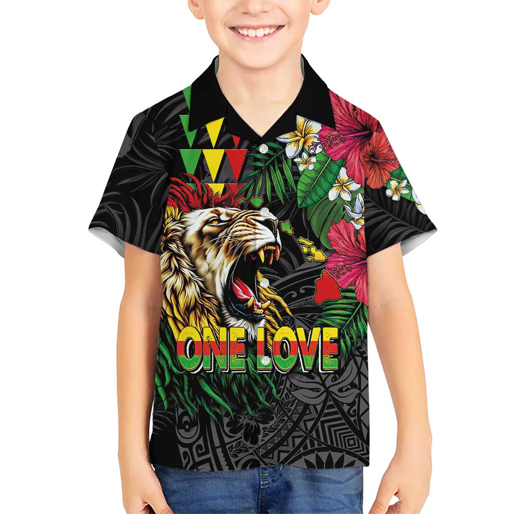 Hawaiian One Love Family Matching Off Shoulder Maxi Dress and Hawaiian Shirt Reggae Lion Tropical Plants and Kakau with Tribal Pattern
