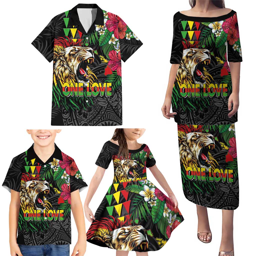 Hawaiian One Love Family Matching Puletasi and Hawaiian Shirt Reggae Lion Tropical Plants and Kakau with Tribal Pattern