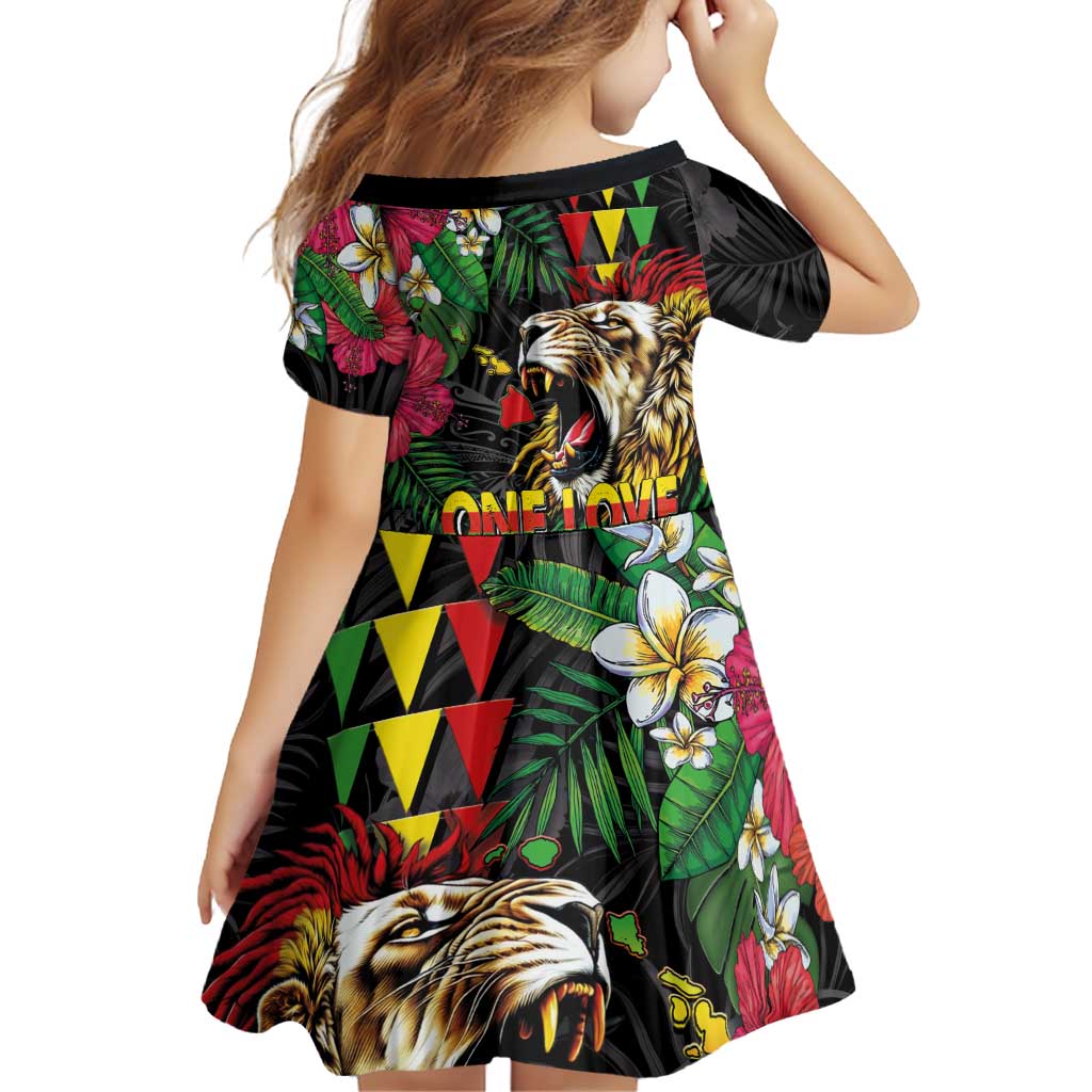 Hawaiian One Love Family Matching Short Sleeve Bodycon Dress and Hawaiian Shirt Reggae Lion Tropical Plants and Kakau with Tribal Pattern LT03 - Polynesian Pride