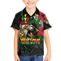 Hawaiian One Love Family Matching Short Sleeve Bodycon Dress and Hawaiian Shirt Reggae Lion Tropical Plants and Kakau with Tribal Pattern LT03 Son's Shirt Black - Polynesian Pride