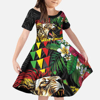 Hawaiian One Love Family Matching Tank Maxi Dress and Hawaiian Shirt Reggae Lion Tropical Plants and Kakau with Tribal Pattern LT03 Daughter's Dress Black - Polynesian Pride