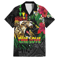 Hawaiian One Love Family Matching Tank Maxi Dress and Hawaiian Shirt Reggae Lion Tropical Plants and Kakau with Tribal Pattern LT03 Dad's Shirt - Short Sleeve Black - Polynesian Pride