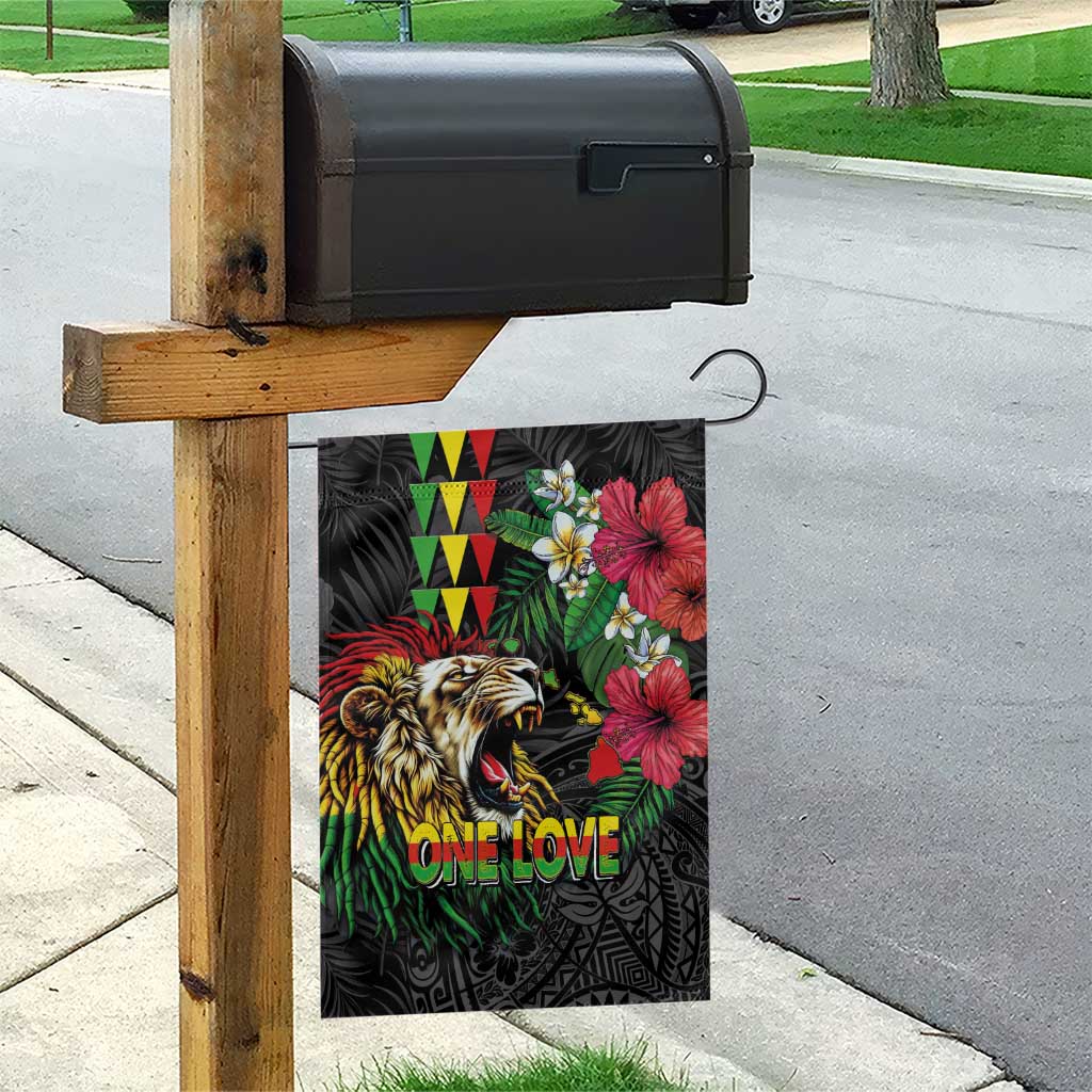 Hawaiian One Love Garden Flag Reggae Lion Tropical Plants and Kakau with Tribal Pattern