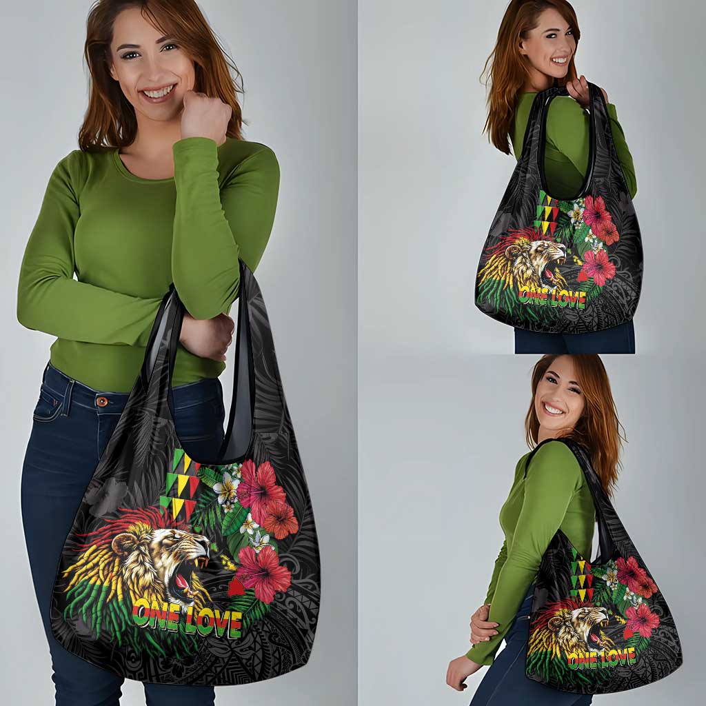 Hawaiian One Love Grocery Bag Reggae Lion Tropical Plants and Kakau with Tribal Pattern