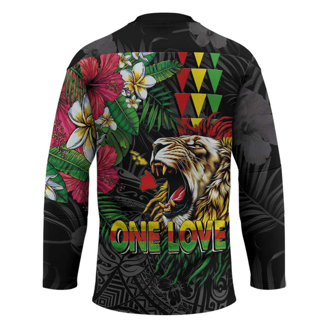 Hawaiian One Love Hockey Jersey Reggae Lion Tropical Plants and Kakau with Tribal Pattern