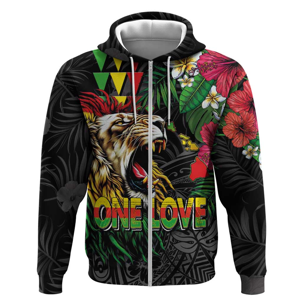 Hawaiian One Love Hoodie Reggae Lion Tropical Plants and Kakau with Tribal Pattern