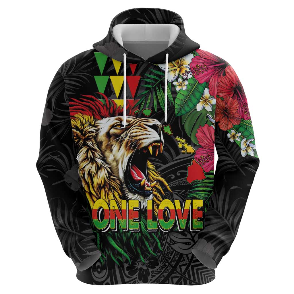 Hawaiian One Love Hoodie Reggae Lion Tropical Plants and Kakau with Tribal Pattern