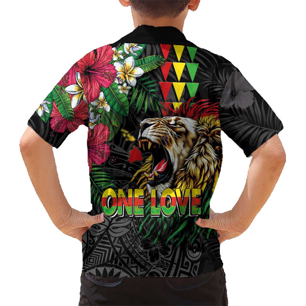 Hawaiian One Love Kid Hawaiian Shirt Reggae Lion Tropical Plants and Kakau with Tribal Pattern LT03 - Polynesian Pride