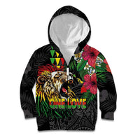 Hawaiian One Love Kid Hoodie Reggae Lion Tropical Plants and Kakau with Tribal Pattern LT03 Zip Hoodie Black - Polynesian Pride