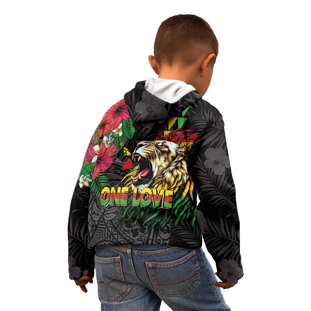 Hawaiian One Love Kid Hoodie Reggae Lion Tropical Plants and Kakau with Tribal Pattern LT03 - Polynesian Pride