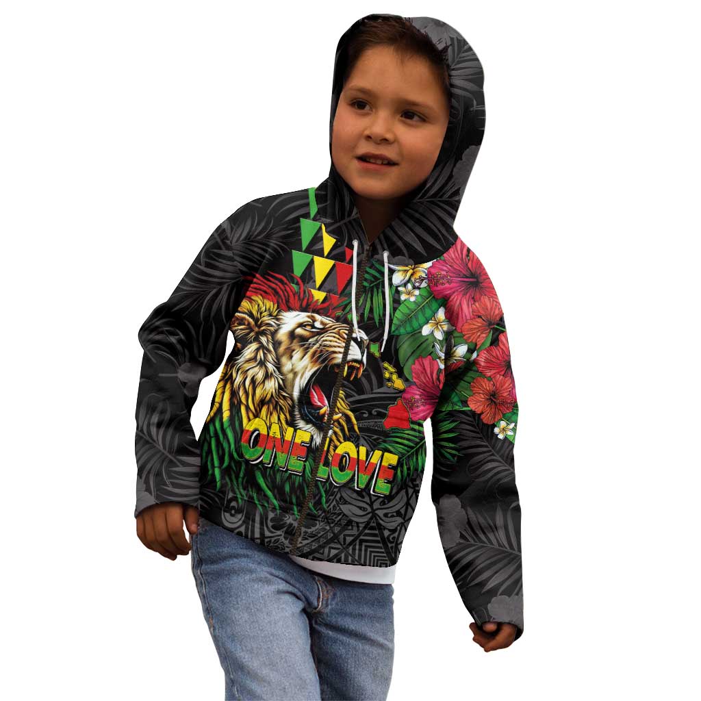 Hawaiian One Love Kid Hoodie Reggae Lion Tropical Plants and Kakau with Tribal Pattern LT03 - Polynesian Pride