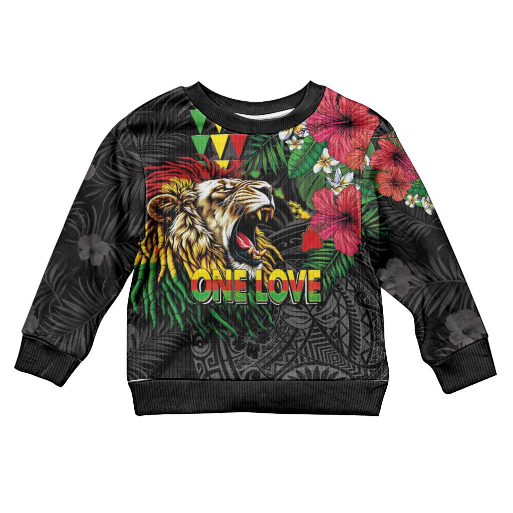 Hawaiian One Love Kid Ugly Christmas Sweater Reggae Lion Tropical Plants and Kakau with Tribal Pattern LT03 Kid Black - Polynesian Pride