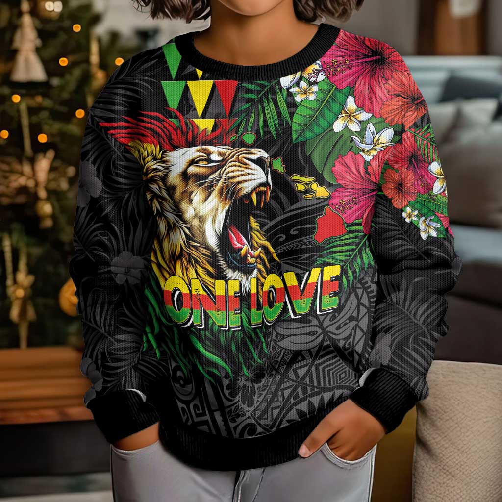 Hawaiian One Love Kid Ugly Christmas Sweater Reggae Lion Tropical Plants and Kakau with Tribal Pattern LT03 - Polynesian Pride